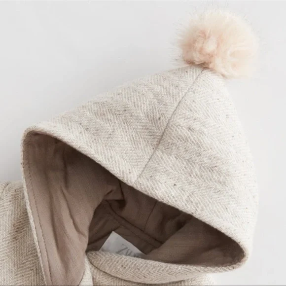 Zara Baby Herringbone Pompom Coat 3-4y NWT